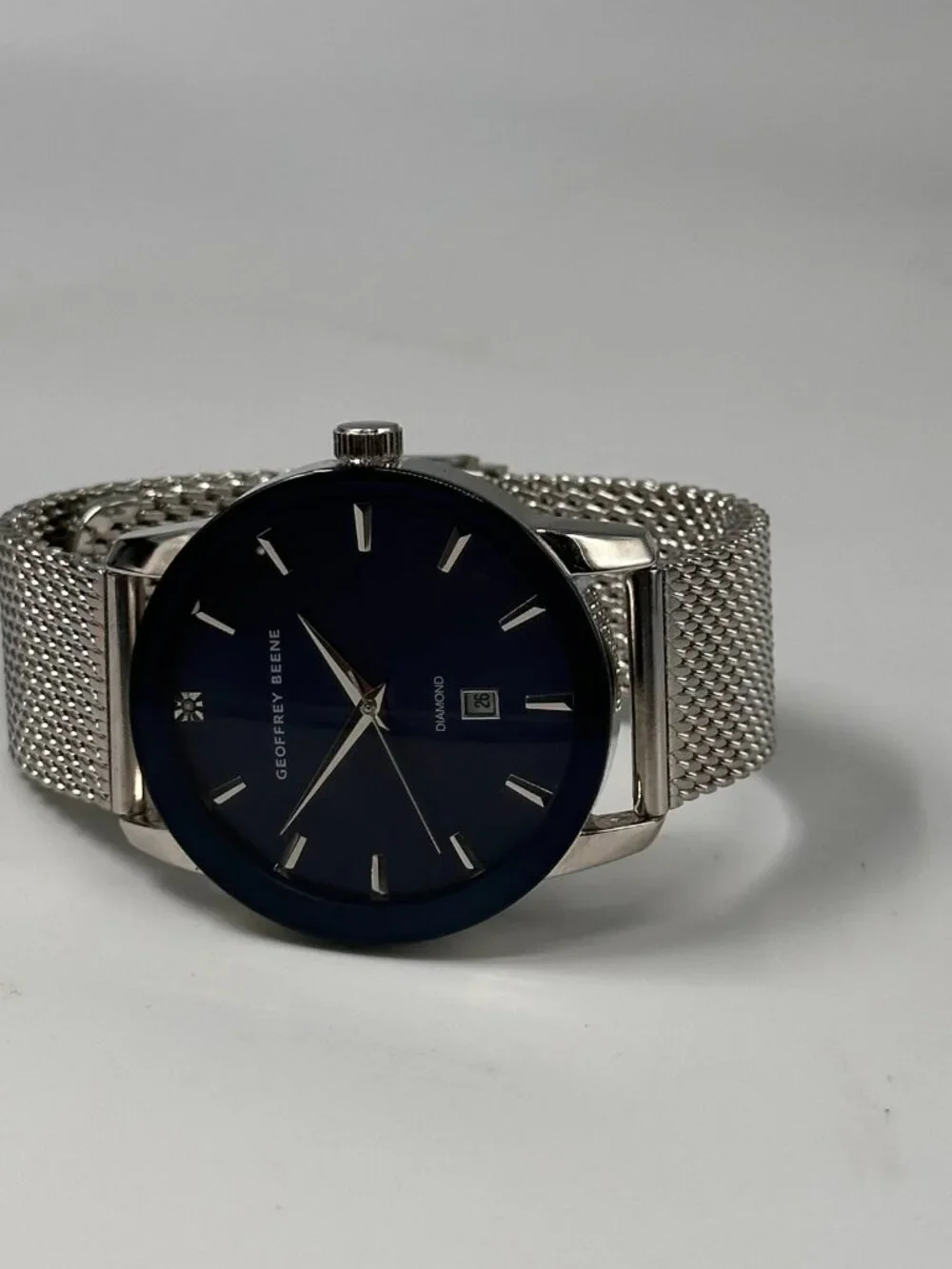 Geoffrey Beene Watch Men Silver Tone Blue Date Window Round New Battery